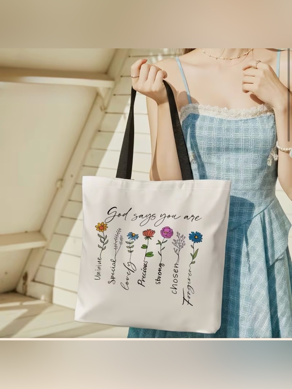 Canvas Floral 'God Says You Are' Tote Bag in Cream - Picture 5 of 10